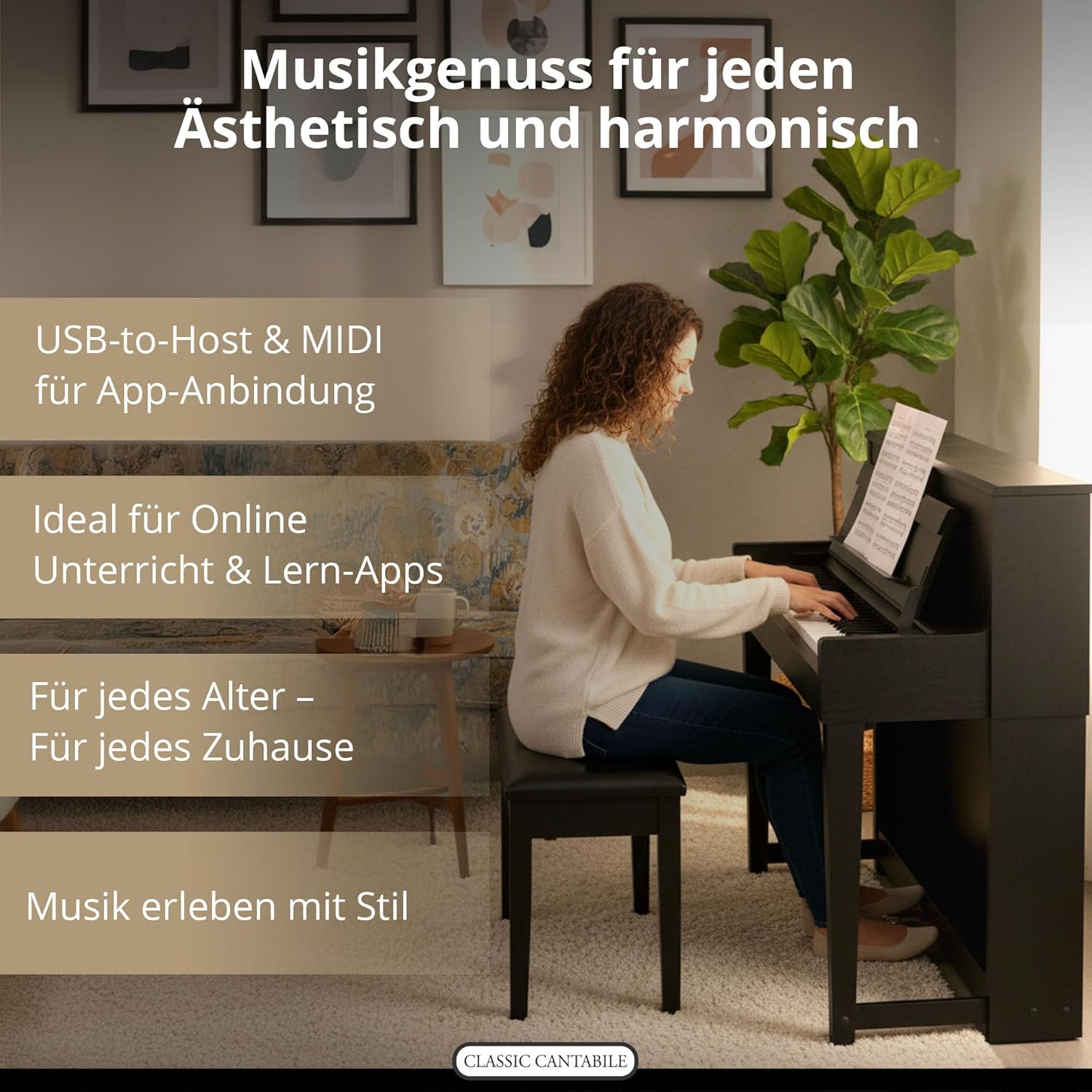 Classic Cantabile UP-1 SM Piano Droit Numérique - 88 Touches Clavier électronique à marteaux - Synthetiseur avec USB, MIDI, 40 voix, 256 polyphonie - Set avec Banc et Casque - Noir Mat – Image 6