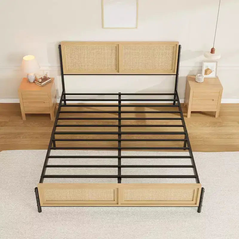 Coolmee Boho Full/Queen/King Size Bed Frame with Natural Rattan Headboard and Footboard, Wooden Platform Bed No Box Spring Needed, Noise-Free – Image 5