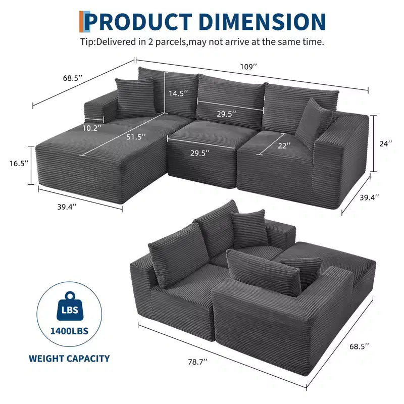 108 Modern Sofa Couch, 3 Seater Upholstered L Shaped Sofa with Pillows, Deep Seat Sofa, No Assembly Required – Image 18