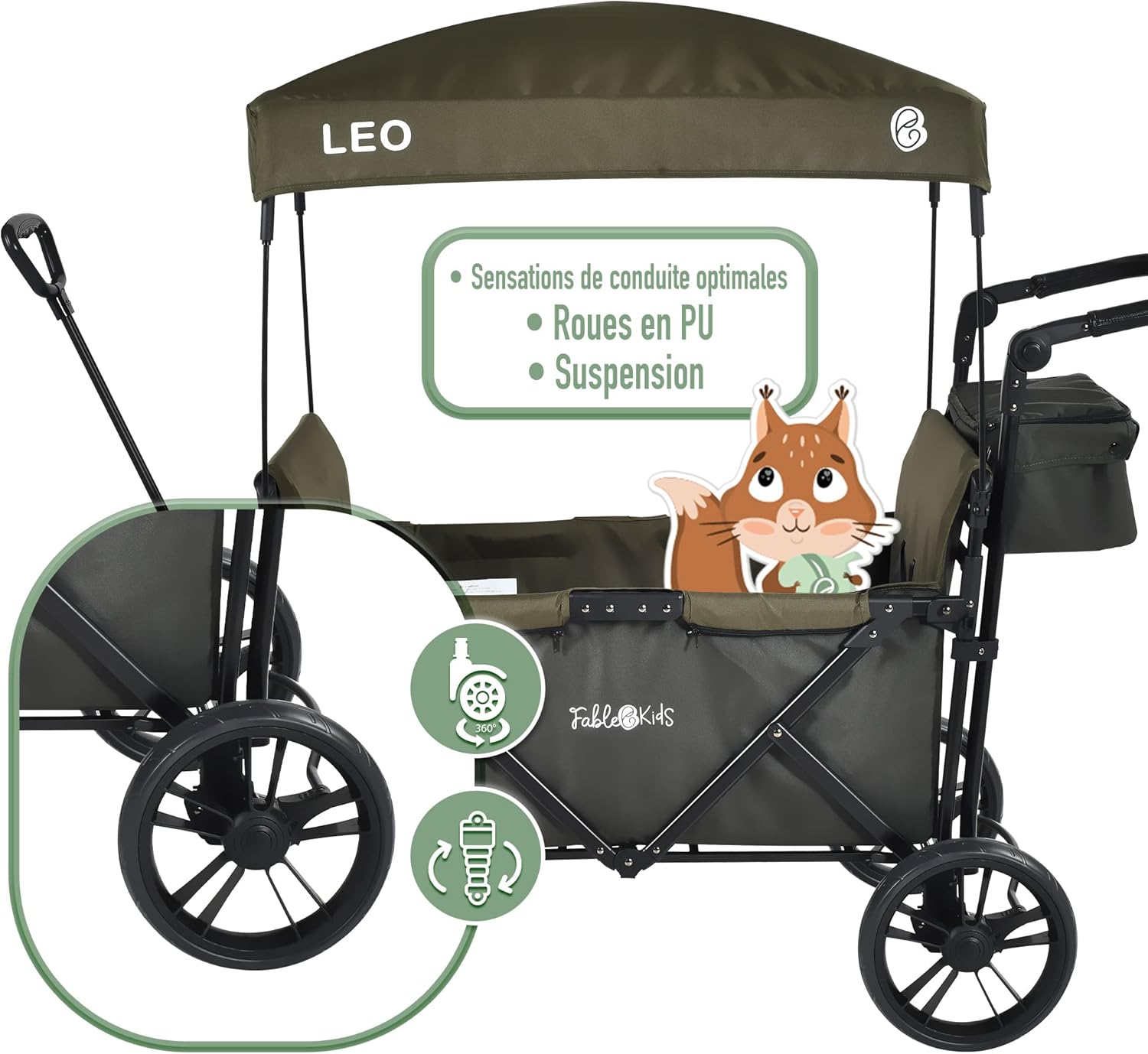 FableKids Chariot Leo X2Lite avec Toit 2 Places Chariot de Transport Pliable Sac arrière Harnais 5 Points Roues 360° Couverture Anti-poussière Incluse Oxford 600D Vert Safari – Image 4
