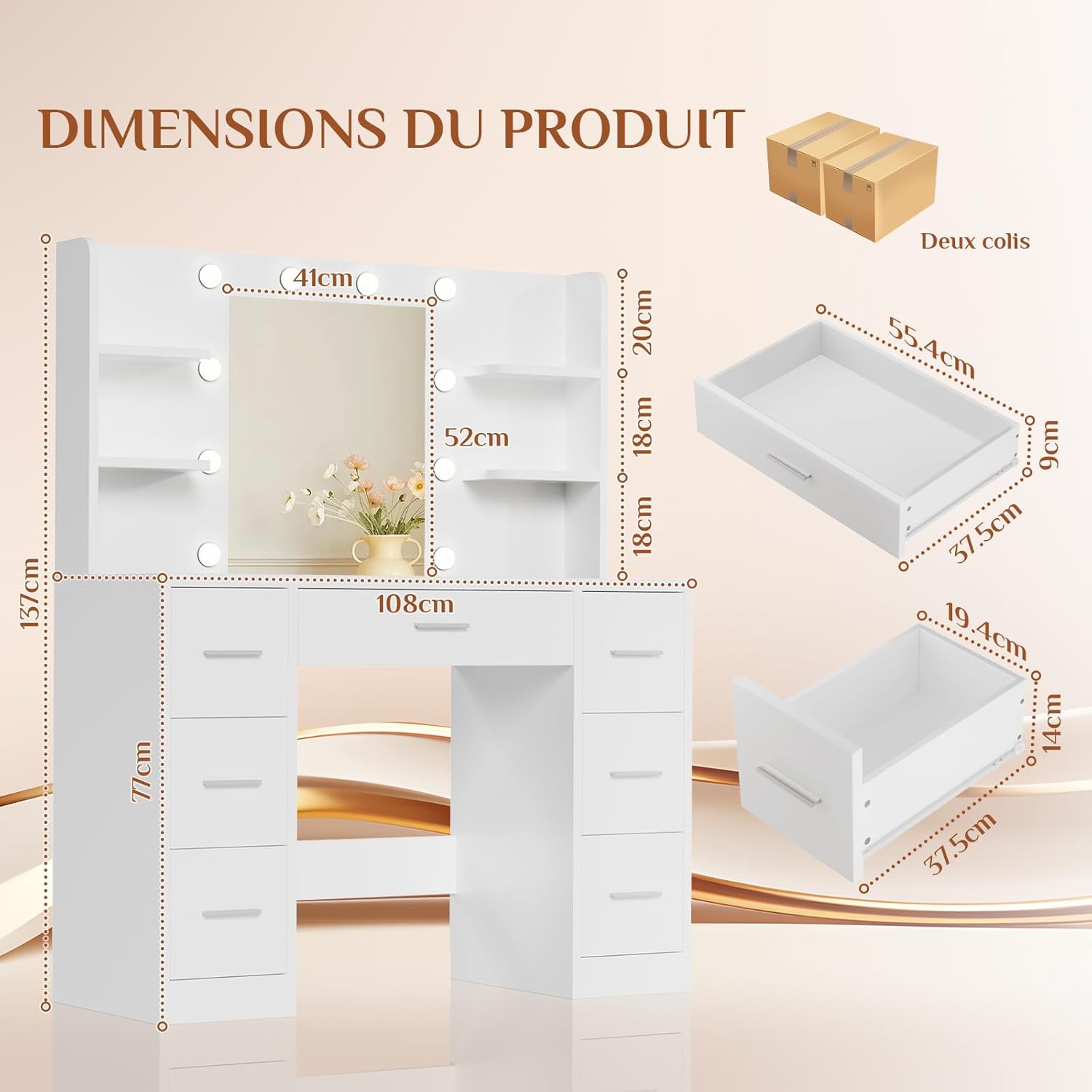 JUMMICO Coiffeuse avec Miroir et Prise, 10 Ampoules LED à 3 Modes de Lumière, Table de Maquillage avec Rangement, 7 Tiroirs, 4 Étagères, Support pour Sèche-Cheveux, Meuble Moderne de Chambre Blanc – Image 2
